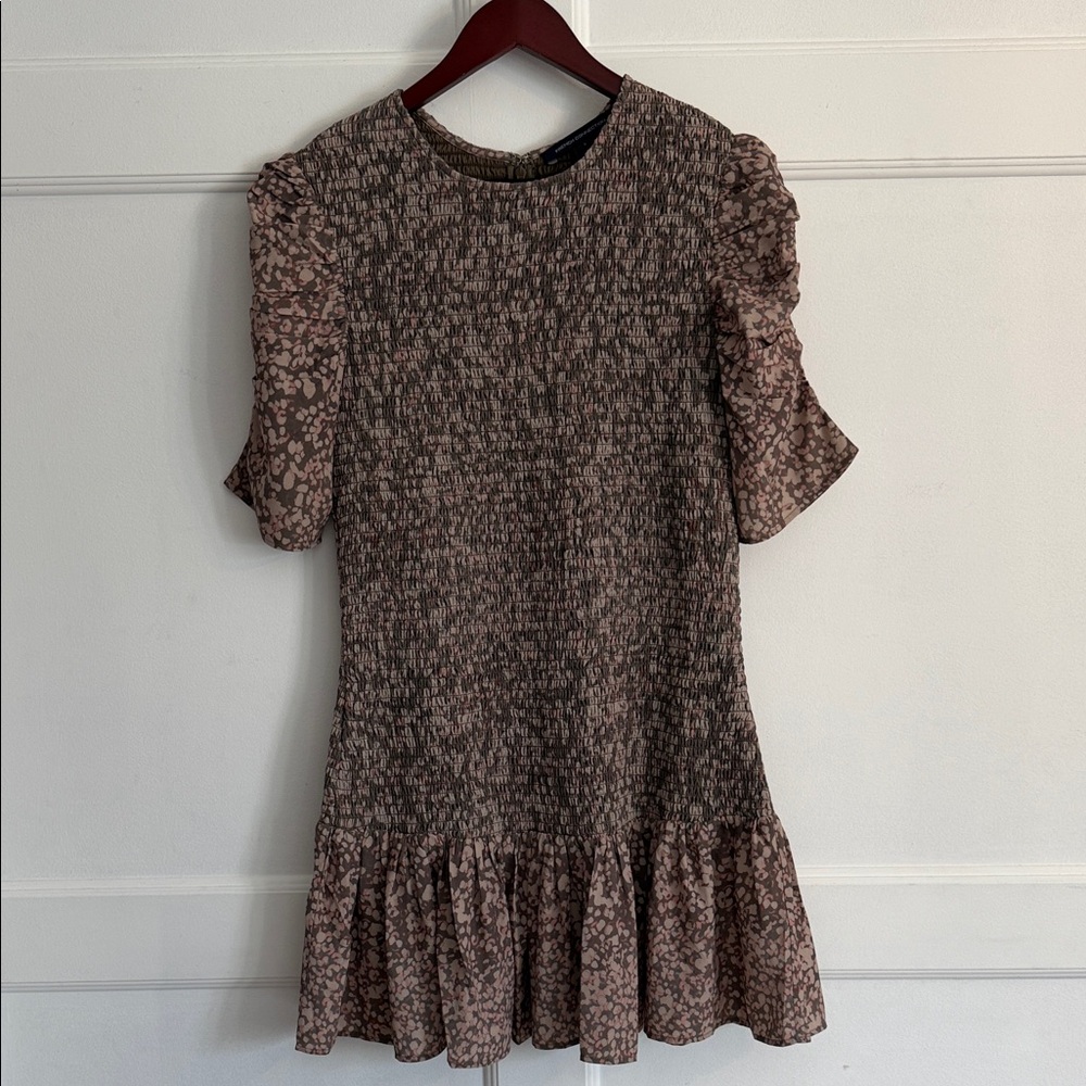 French Connection Erika Drape Smock Mini Dress in Deep Moss Muti Brown/Pink